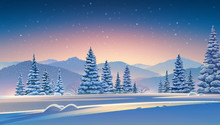 Winter Evening Landscape With Mountains And Snow-covered Trees In The Foreground. Raster Illustration.