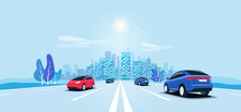 Traffic On The Highway Panoramic Perspective Horizon Vanishing Point View. Flat Vector Cartoon Style Illustration Urban Landscape Motorway With Cars, Skyline City Buildings And Road Going To The City.