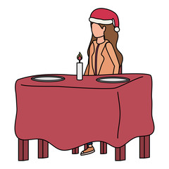 Poster - young woman with christmas hat seated in dinner table