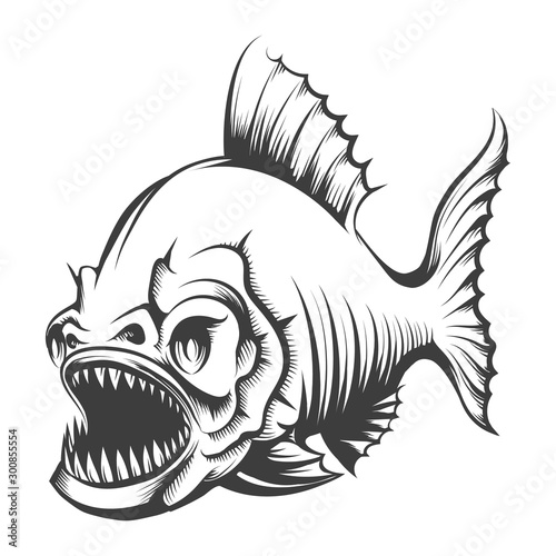 Piranha Fish Engraving Illustration Tableau sur Toile