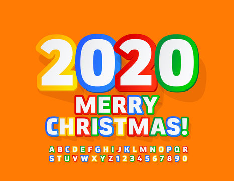 Vector colorful Greeting Card Merry Christmas 2020. Sticker Alphabet Letters and Numbers set. Creative Kids Font. 