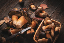 Forest Mushrooms In A Basket And On A Wooden Table With A Knife
