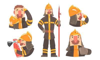 Poster - Cartoon Male Fireman Character In Different Actions With Tools Illustration Set Isolated On White Background