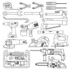 Hand and electric tools black contour set. EPS 10