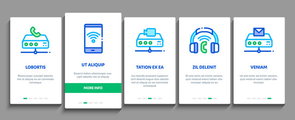 Poster - Voip Calling System Onboarding Mobile App Page Screen Vector Thin Line. Server For Voice Ip And Cloud, Smartphone And Phone, Wifi Mark And Headphones Concept Linear Pictograms. Contour Illustrations