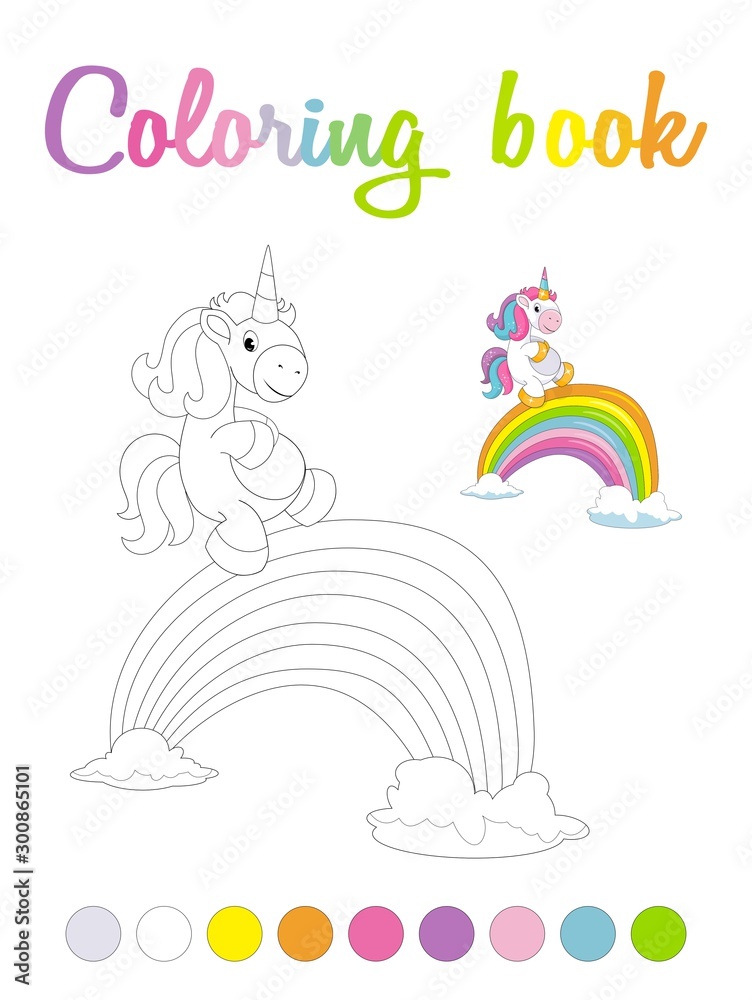 Cartoon unicorn and a rainbow bridge. Cute smiling unicorn coloring ...