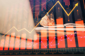Poster - Double exposure of businessman with laptop and stock market forex chart.