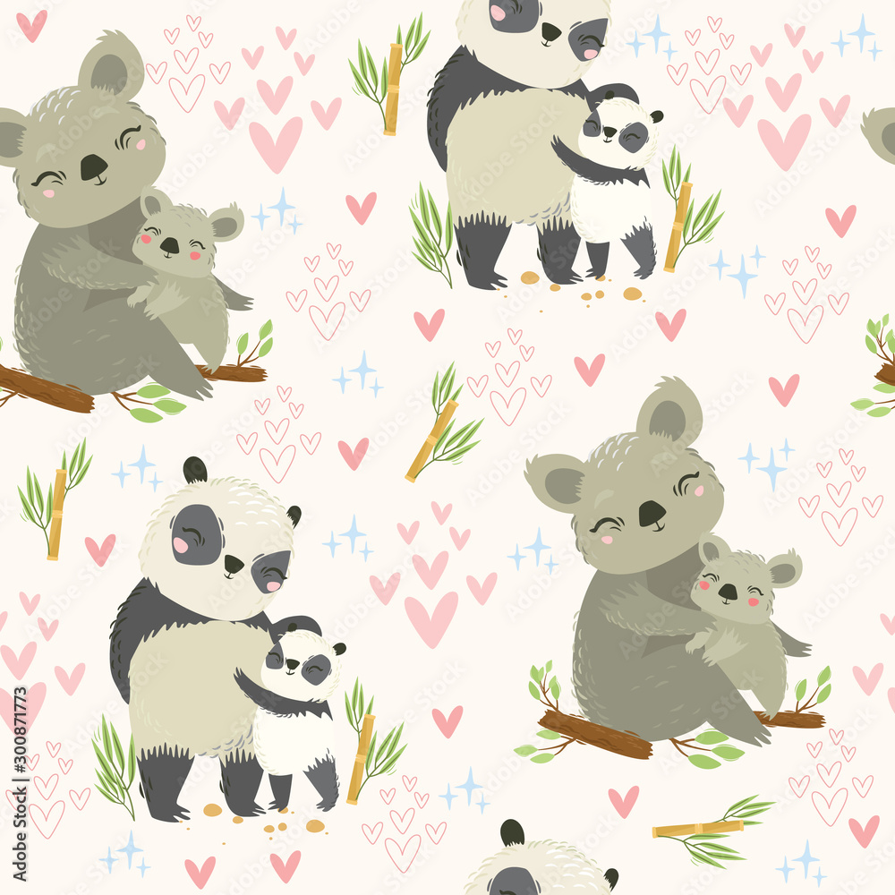 Vector seamless pattern with mom and baby. Family of koalas and pandas ...