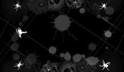 Wall Mural - background with spiders in grey webs and blots isolated on black