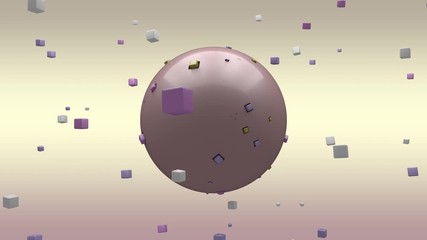 Poster - 3D animation of a large sphere and many cubes flying in the space around the sphere. On the surface of the ball, square-shaped windows pulsate and change their size.