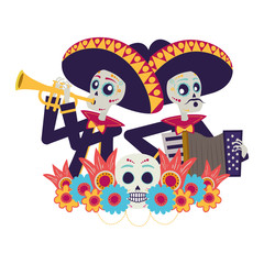 Poster - mexican mariachis skulls playing trumpet and accordion