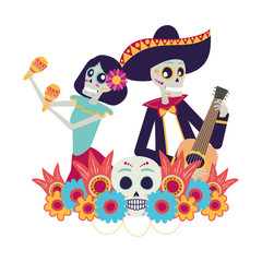 Sticker - catrina and mariachi skulls playing maracas and guitar