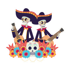 Poster - mexican mariachis skulls playing guitars characters