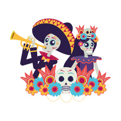 Canvas Print - catrina and mariachi playing trumpet characters