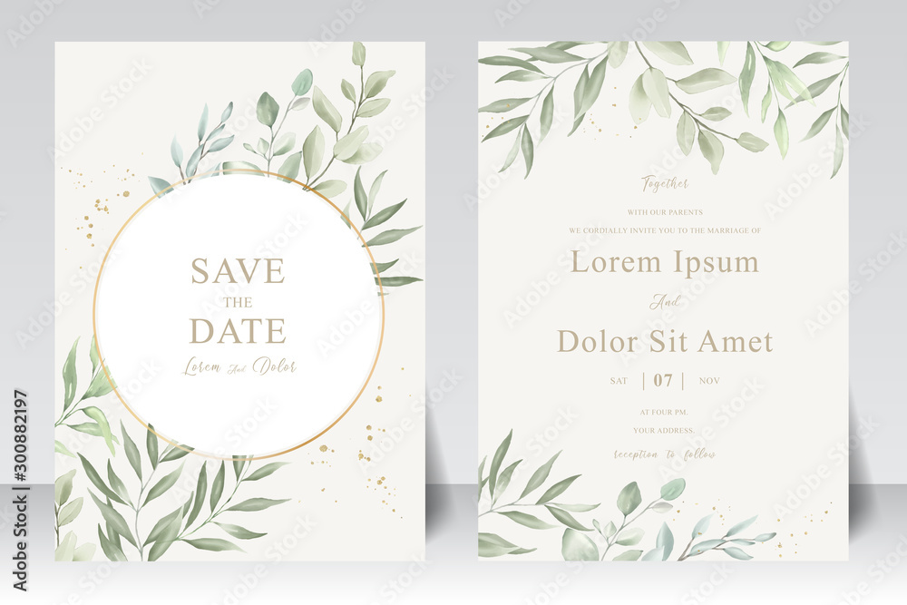 Watercolor Wedding Invitation template card With Beautiful Foliage - obrazy, fototapety, plakaty 