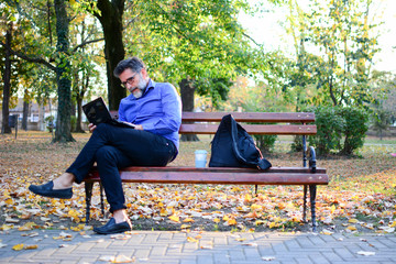 Wall Mural - Handsome confident business mature man is sitting on a bench with cup of cofee and works as a freelancer. Concentrated senior businessman is typing information on his Notebook  in nature