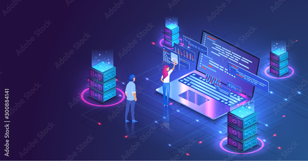 Web hosting or programming concept. Web programming development, laptop with UI UX interface. Computer web data center server isometric landing vector page. Vector illustration - obrazy, fototapety, plakaty 