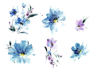 Flowers watercolor illustration.Manual composition.Big Set watercolor elements.