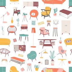 Home furniture hand drawn seamless pattern. Contemporary furniture pieces. Vintage armchair and retro table lamp flat vector illustrations. Home decor shop stylish wrapping paper, wallpaper design.