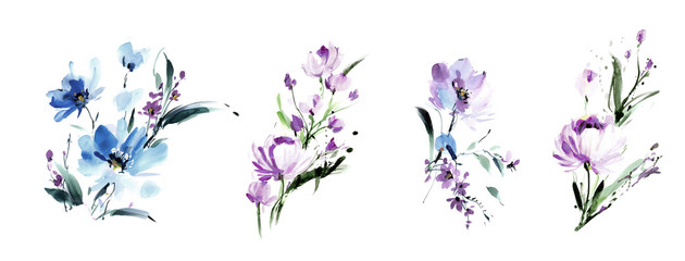flowers watercolor illustration.manual composition.big set watercolor elements.