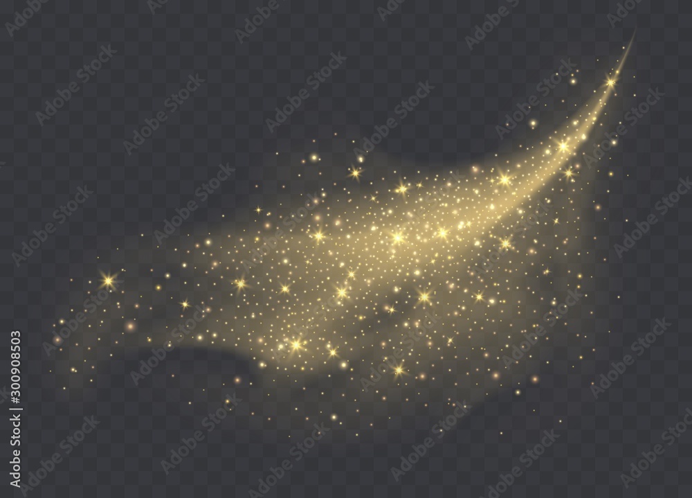 Golden dust cloud with sparkles isolated on transparent background. Stardust sparkling background. Glowing glitter smoke or splash. Vector illustration. - obrazy, fototapety, plakaty 