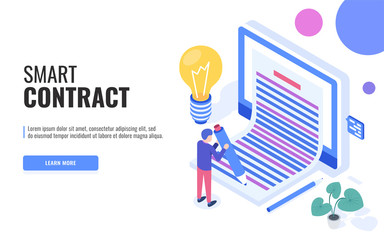 Poster - Smart contract concept. User signs a contract. Web banner, infographics. Isometric vector illustration.
