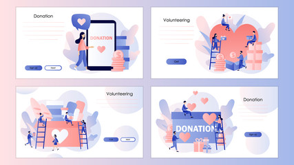 Donation and volunteers work concept. Screen template for mobile smart phone, landing page, template, ui, web, mobile app, poster, banner, flyer. Modern flat cartoon style. Vector illustration