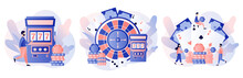 Casino And Gambling Concept. Tiny People Gaming Gambling Games. People Play Poker, Roulette, Slot Machine. Modern Flat Cartoon Style. Vector Illustration