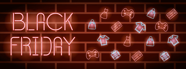 Poster - black friday neon label with set icons