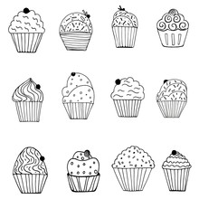 A Graphical Illustration Of A Set Of Cupcakes Isolated. Sketch, Simple, Cute, Black Lines, Ornament, Abstract Shape. For Decoration, For Coloring, For Children, Creativity.