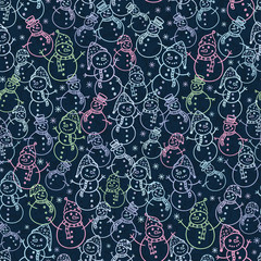 Wall Mural - Fun and cute hand drawn snow mans seamless pattern, winter themed backdrop - great for textiles, wrapping, banners, wallpapers, vector design