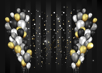 Golden black and silver balloons shiny black background, cute concept for elegant  birthday