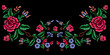 Embroidery neckline pattern with garden flowers. Vector embroidered floral patch
