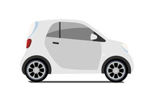 Car Sharing Logo, Vector City Micro Grey Car. Eco Vehicle Cartoon Icon Isolated On White Background. Cartoon Vector Illustration With Urban Ecological Transport. Cute Vector Smart Car Illustration.