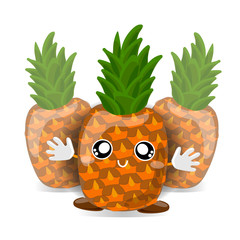 Fruit characters. Smiling cute kawaii Happy Pineapple Fruit With Green Leafs Cartoon Mascot Character With Open Arms For Hugging. Vector Illustration