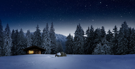 Canvas Print - Gemütliche Holzhütte mit Beleuchtetem Fenster in Wnterwald bei Nacht im Winter