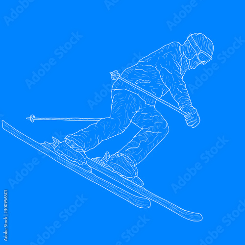 Fotografía Mountain slalom skier silhouette sketch on white background