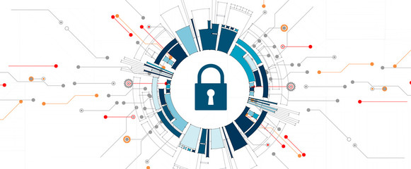internet digital security technology concept for business background. Lock on circuit board