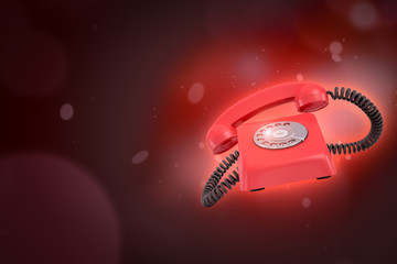 Wall Mural - 3d rendering of red retro telephone on dark neon red background