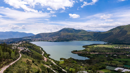 Laguna de Yahuarcocha Aerial shot, near Ibarra Ecuador