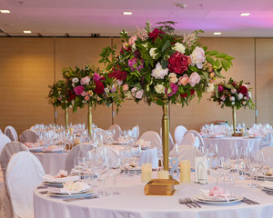 Table set for wedding or another catered event dinner.