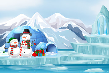 Canvas Print - Scene with snowman and igloo