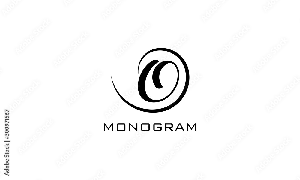 Monogram. Typographic logo with capital letter. Icon lettering style with decorative swirl in black isolated on light background.