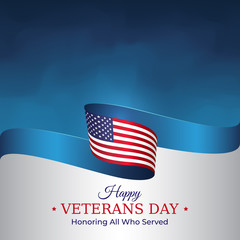 Wall Mural - Happy veterans day banner. Waving american flag on blue sky background. US national day november 11. Poster, typography design, vector illustration