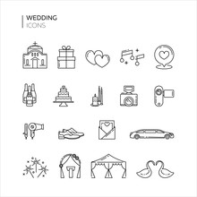 Set Of Outlined Wedding Icons. Eps 10 Vector Illustration. Line Art Wedding Icons Collection.
