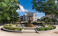 Nymph Fountain And National Opera In Riga; Latvia