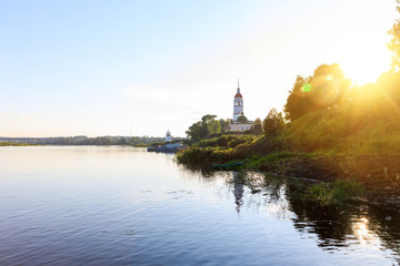 Canvas Print - Russian Church of the Resurrection against the blue sky, Totma, Russia. Sunset on the banks of the Sukhona river in the city of Totma