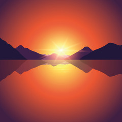 Wall Mural - romantic sunset on autumn mountain and ocean landscape vector illustration EPS10