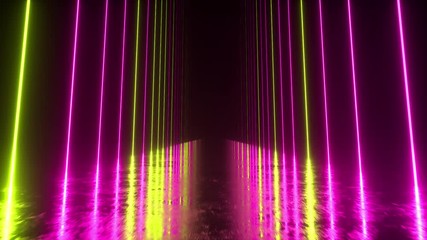 Poster - endless corridor with neon lines tending up. metal reflective scratched floor. seamless loop 3d rend