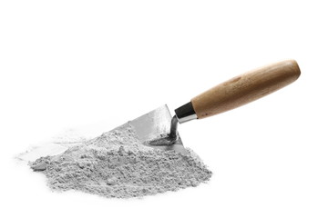 Poster - Cement pile and trowel isolated on white background